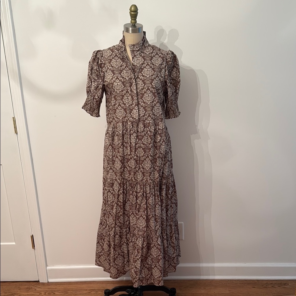 Tuckernuck Brown and Cream Pleated Puff Sleeve Sundress